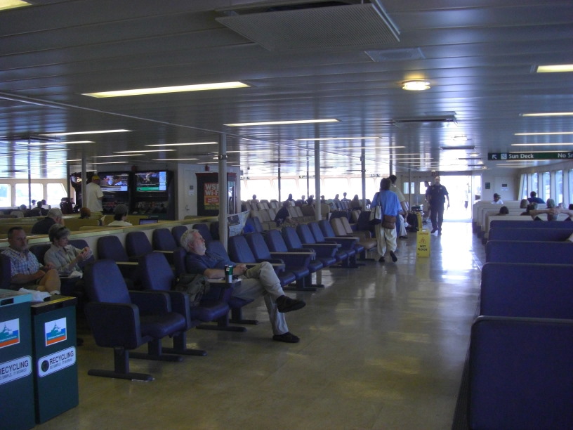 an inside lounge area on one of several decks