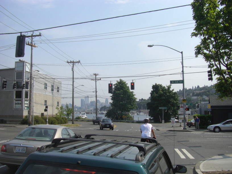 Lake Union and downtown Seattle in the background -- there were many cyclists in this neighborhood...so many I couldn't take a photo  (often I snap pictures while in motion, but I didn't want to make a spectacle of myself, or risk such an activity in a fast-moving crowd of bicycles)